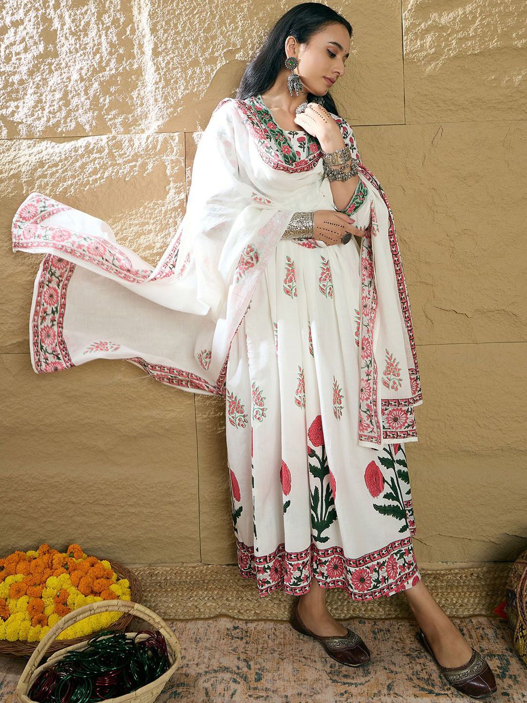 Indo Era Women Ethnic Motifs Printed Pure Cotton Kurta with Trousers & With Dupatta