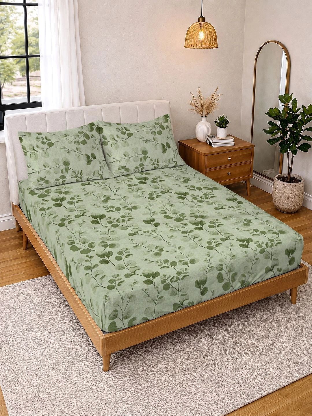 Myntra Elegant Homes Green Floral 300 TC King Double Bedsheet dengan 2 Sarung Bantal