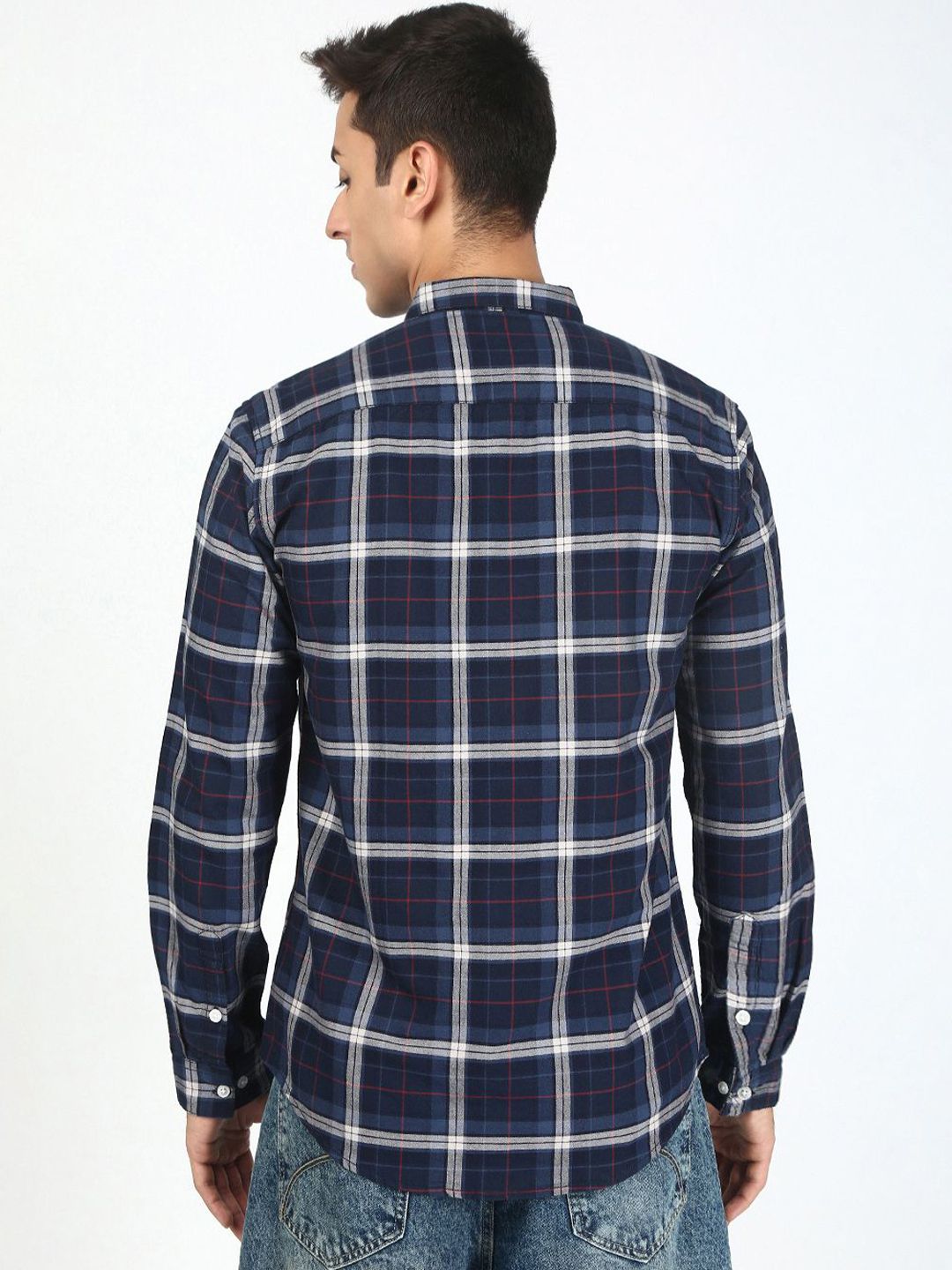 Bene Kleed Men Tartan Checked Spread Collar Cotton Casual Shirt