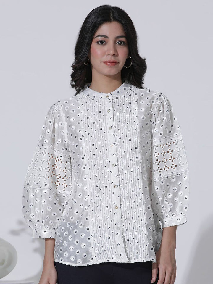 W Geometric Print Mandarin Collar Puff Sleeve Shirt Style Top