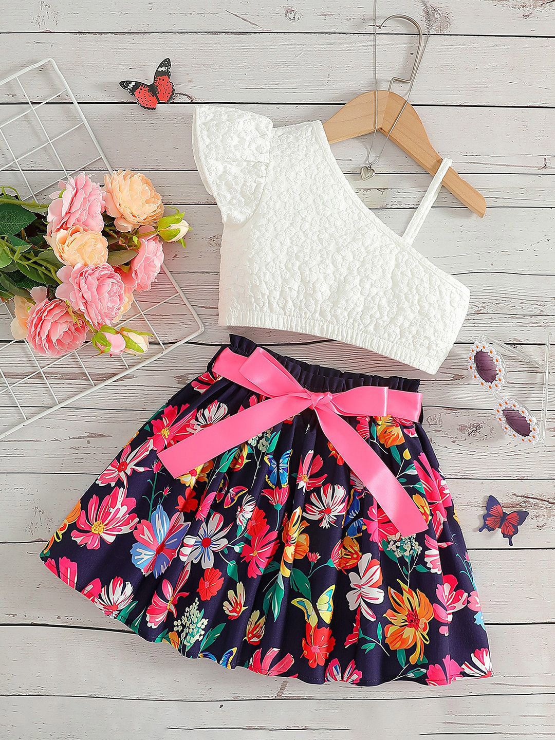 YK Girls Printed Top With Skirt Clothing Set