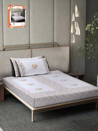 Myntra Elegant Homes White Floral Cotton Breathable 400 TC Single Superfine Bedsheet with 2 Pillow Covers-225 x 150 cm