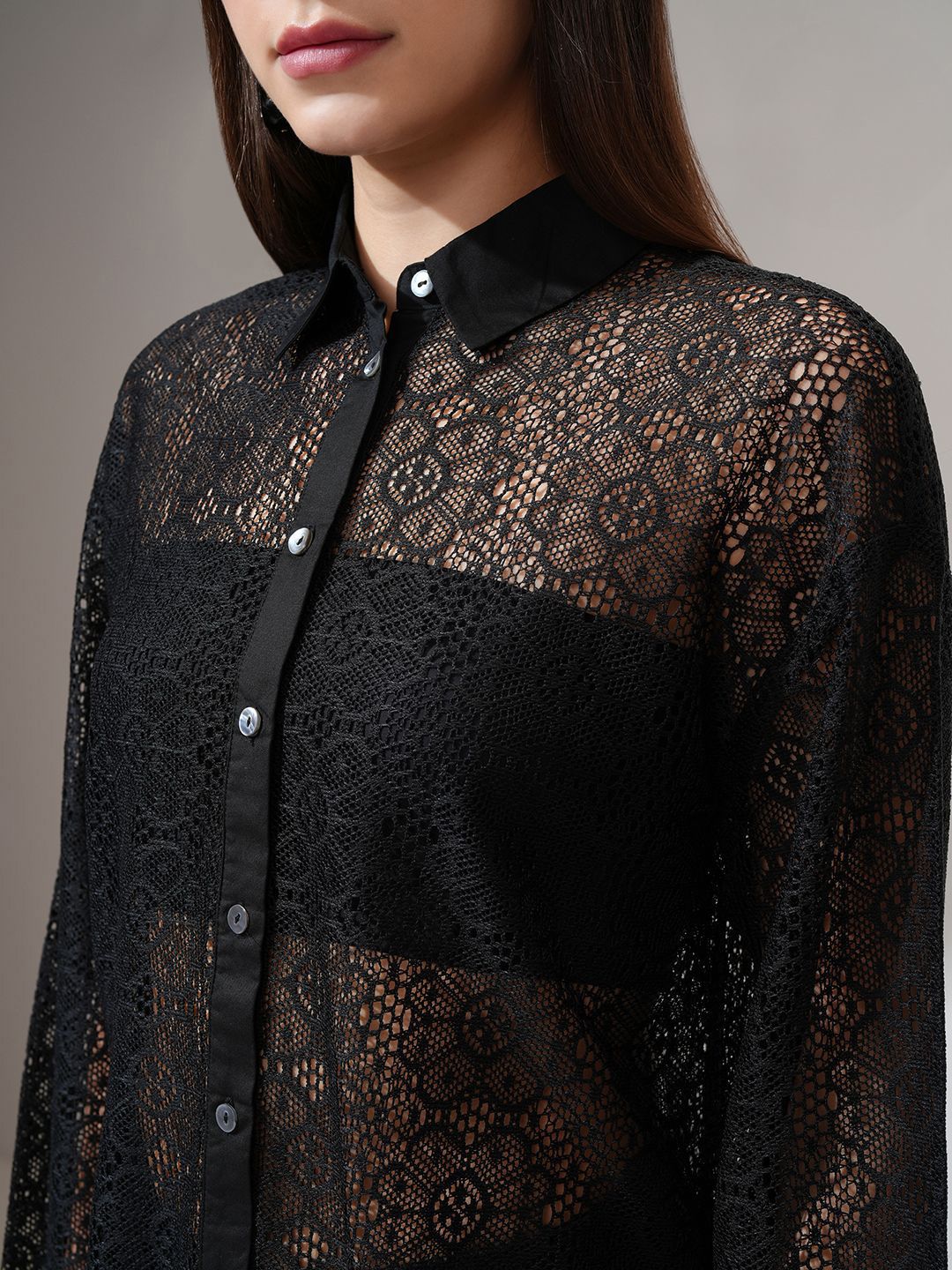 Tokyo Talkies Women Relaxed Fit Drop Shoulder Lace Shirt