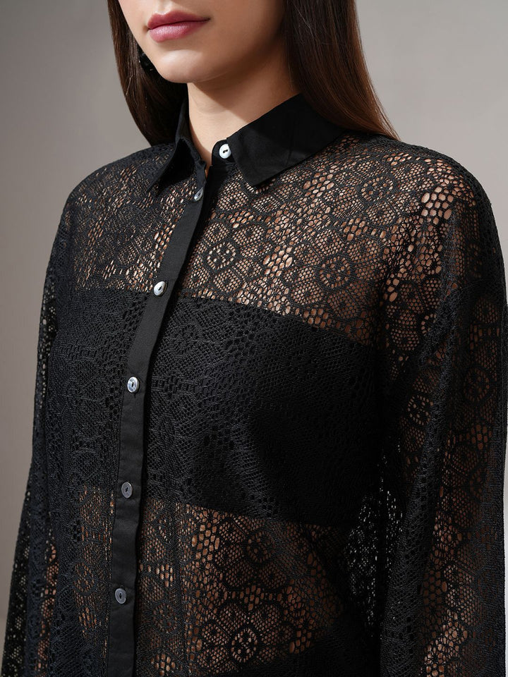Tokyo Talkies Women Relaxed Fit Drop Shoulder Lace Shirt