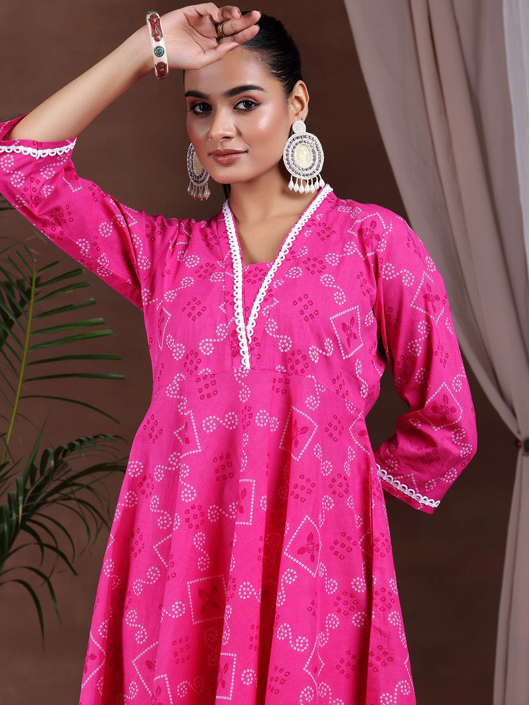 Libas Bandhani Printed Gotta Patti Pure Cotton Anarkali Kurta with Trousers & Dupatta