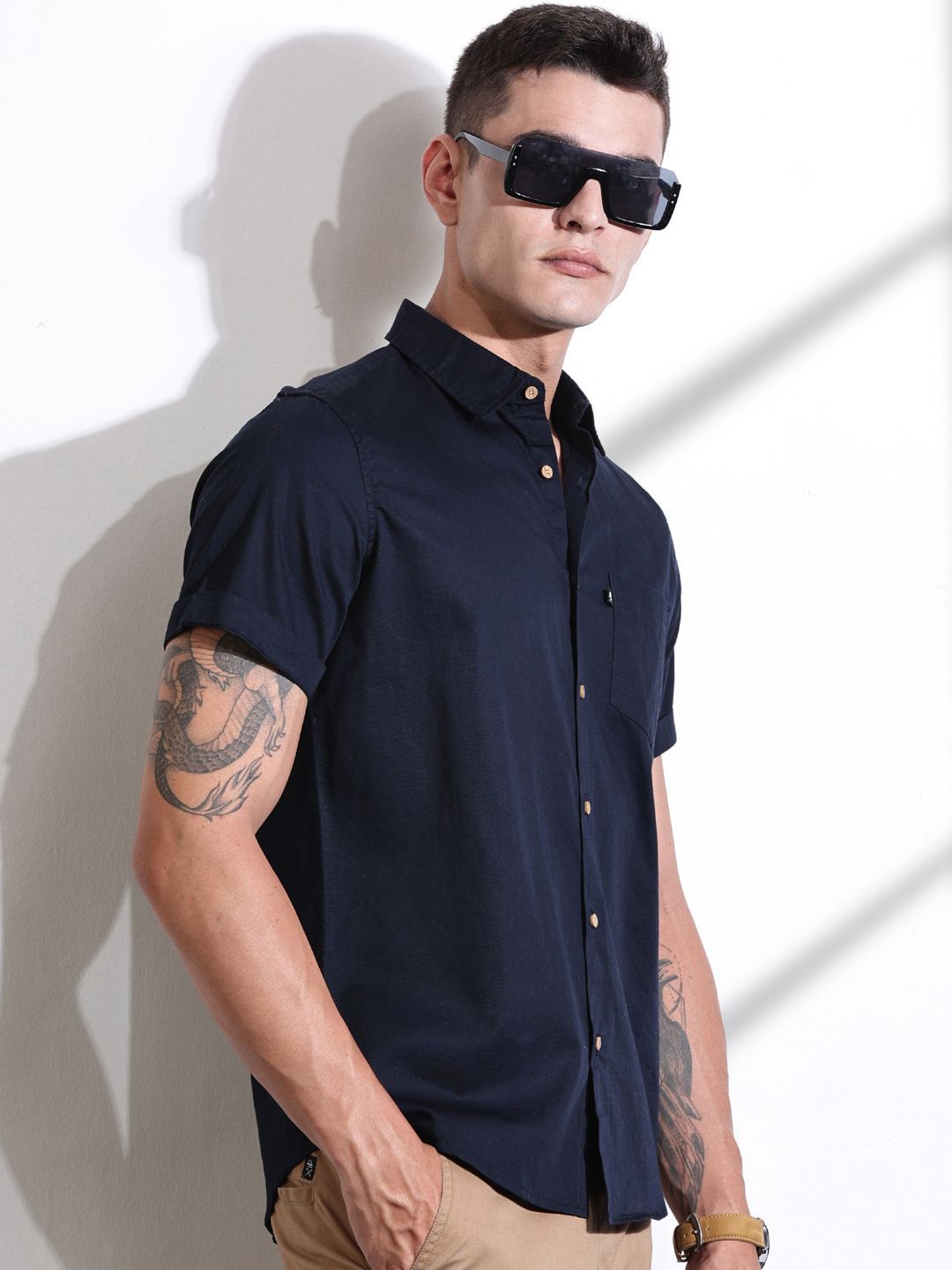 Thomas Scott Men Classic Slim Fit Spread Collar Solid Cotton Casual Shirt