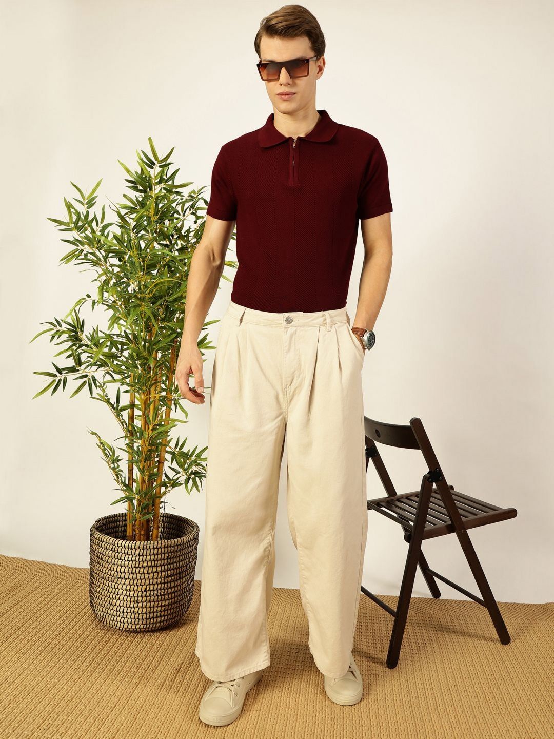 Thomas Scott Men Bio Finish Self Design Polo Collar Cotton T-shirt