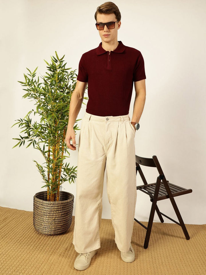 Thomas Scott Polo Collar Self Design Textured Pure Cotton T-Shirt