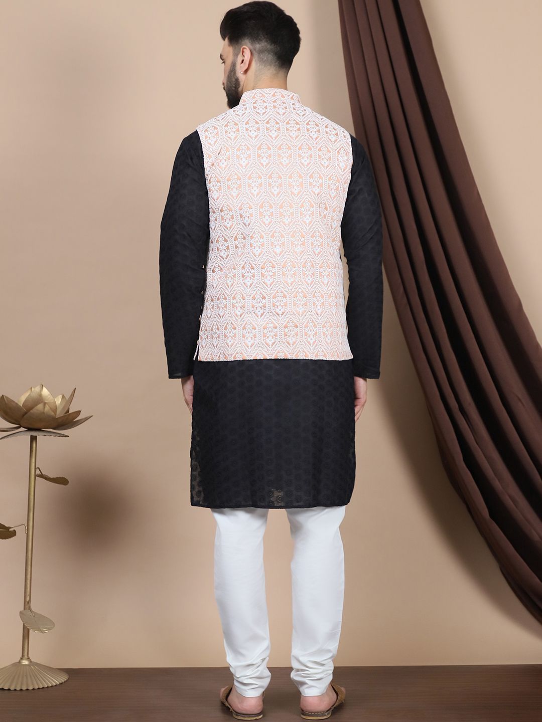 Anouk Black Floral Embroidered Straight Thread Work Pure Cotton Kurta with Churidar