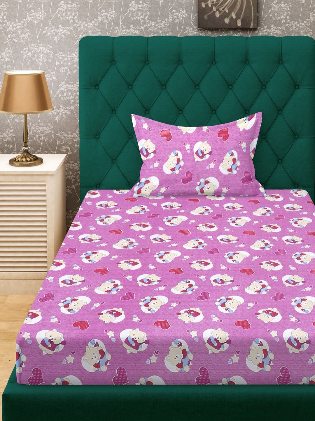 KLOTTHE Purple Conversational Pure Cotton 400 TC Single Superfine Bedsheet with a Pillow Cover-89 x 59 inches