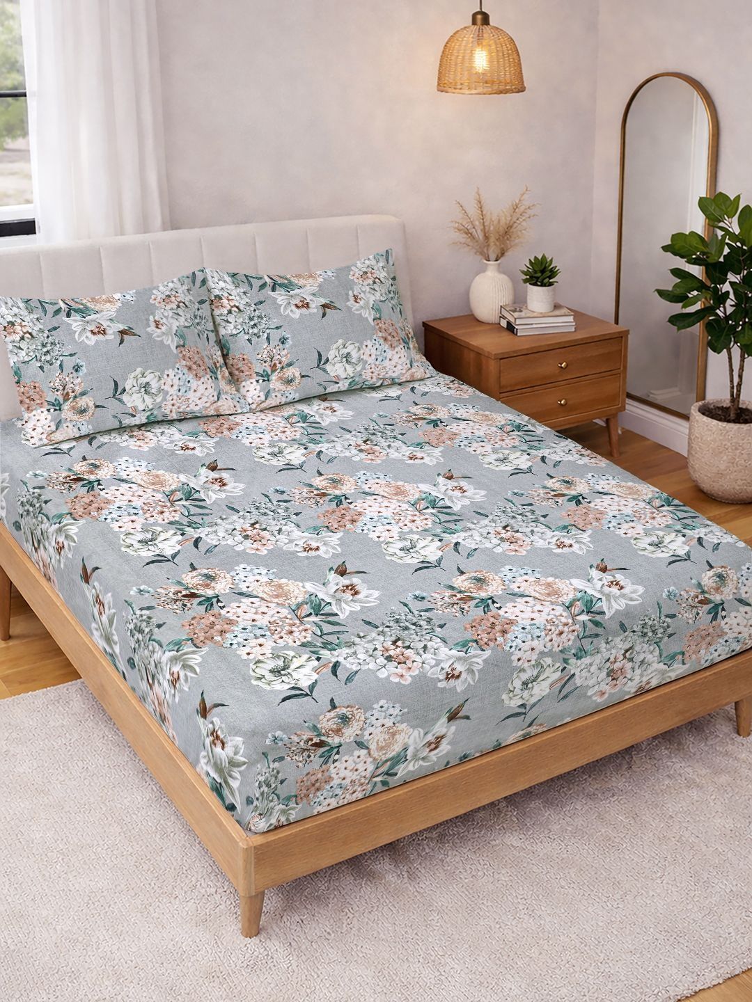 KLOTTHE Grey Floral Fitted Double Bedsheet with 2 Pillow Covers