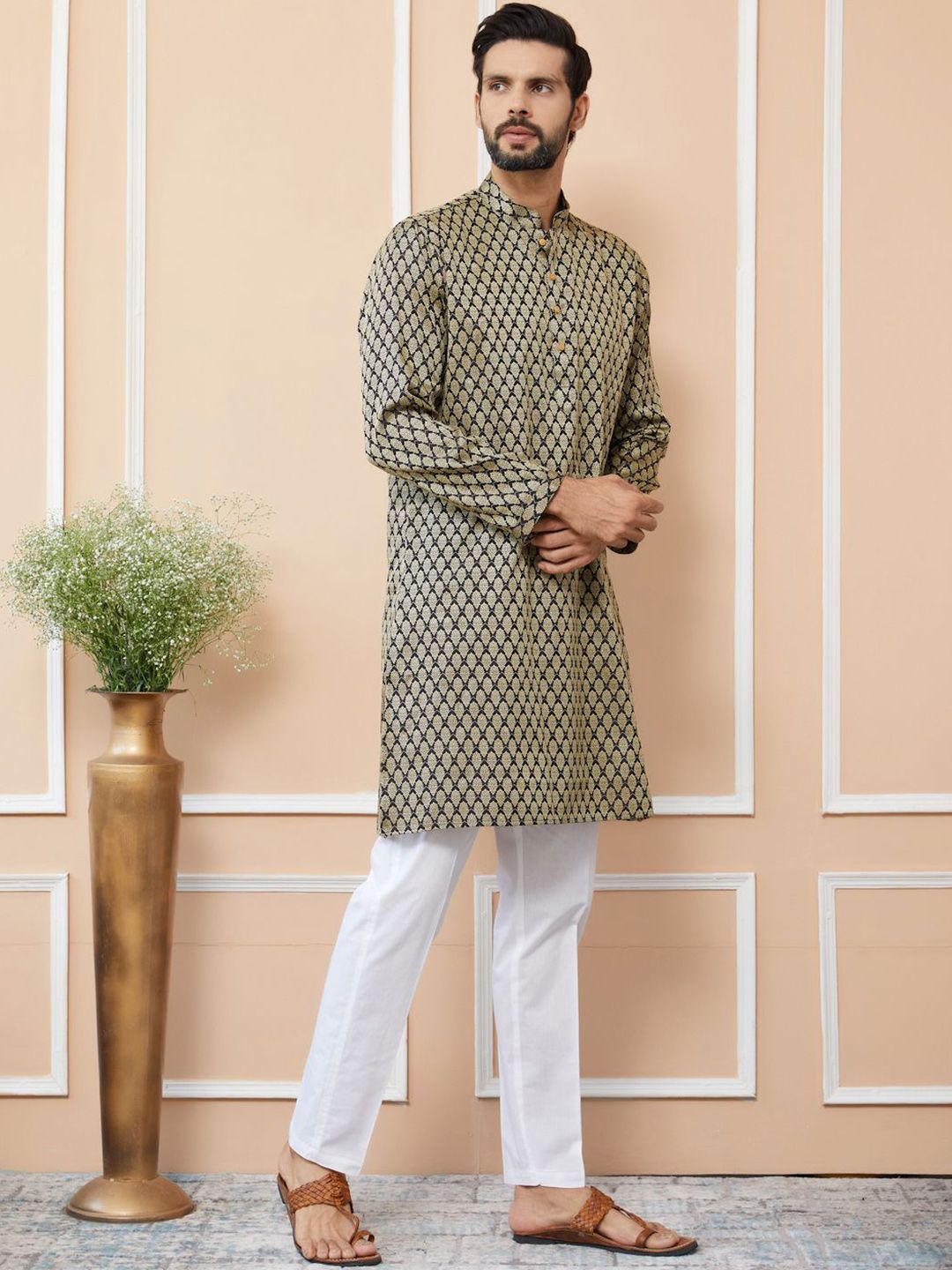 See Designs Ethnic Motifs Printed Mandarin Collar Jacquard Silk Straight Kurta