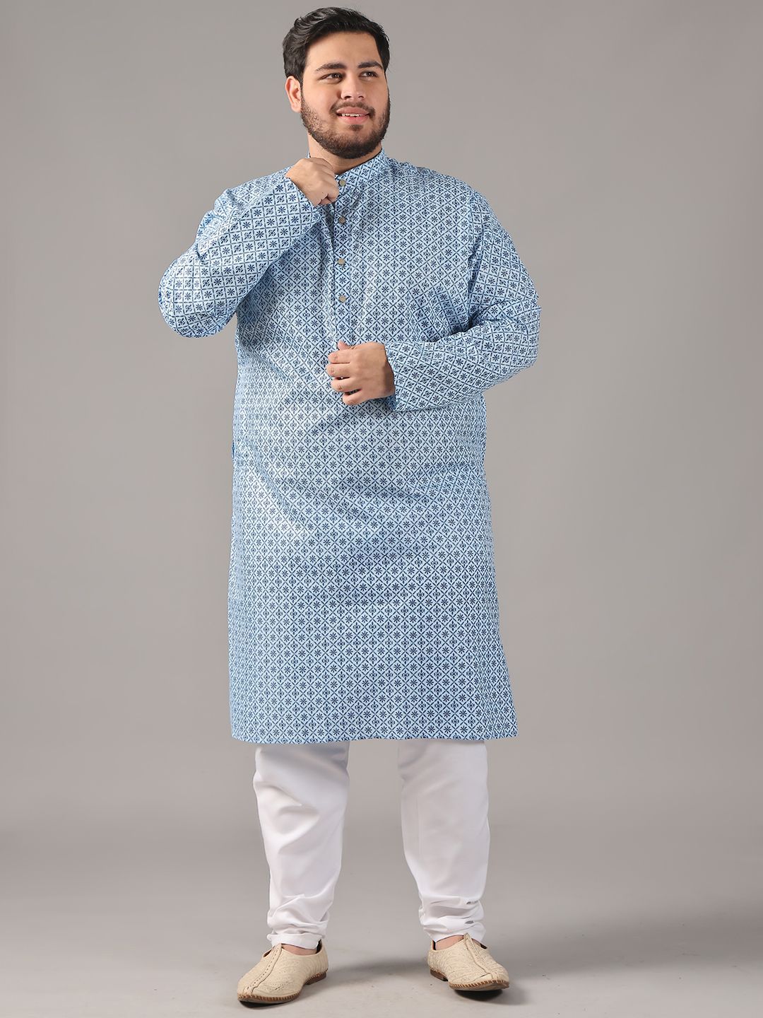 SOJANYA PLUS Size Floral Foil Printed Band Collar Cotton Linen Straight Kurta