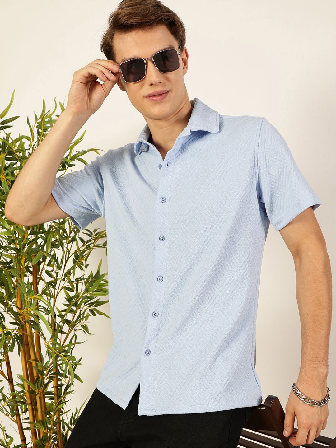 Thomas Scott Men Classic Spread Collar Micro Ditsy Printed Oversized Casual Shirt