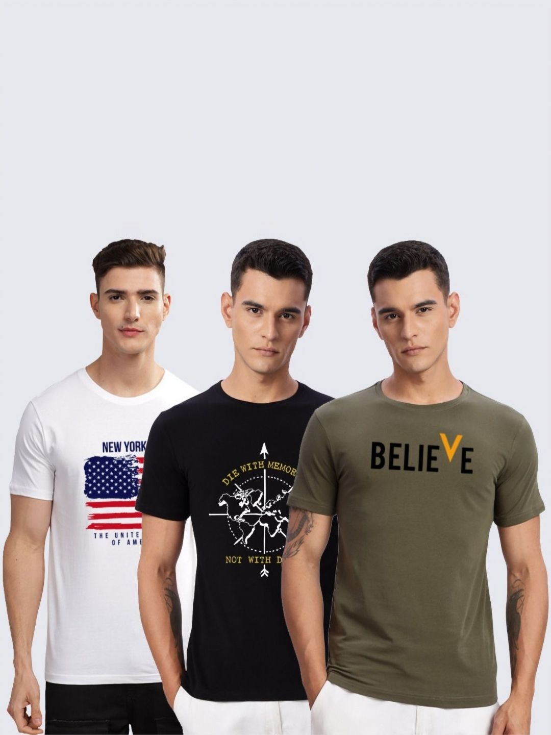 ADRO  Pack of 3 Printed Round Neck Cotton T-shirt