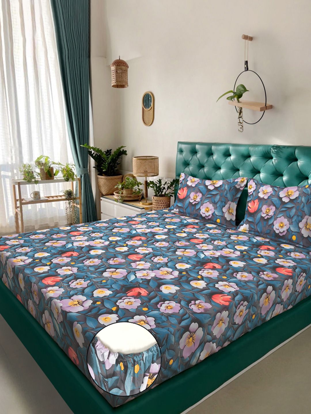 KLOTTHE Blue Floral Printed Fitted 300 TC Double King 7D Bedsheet With 2 Pillow Cover