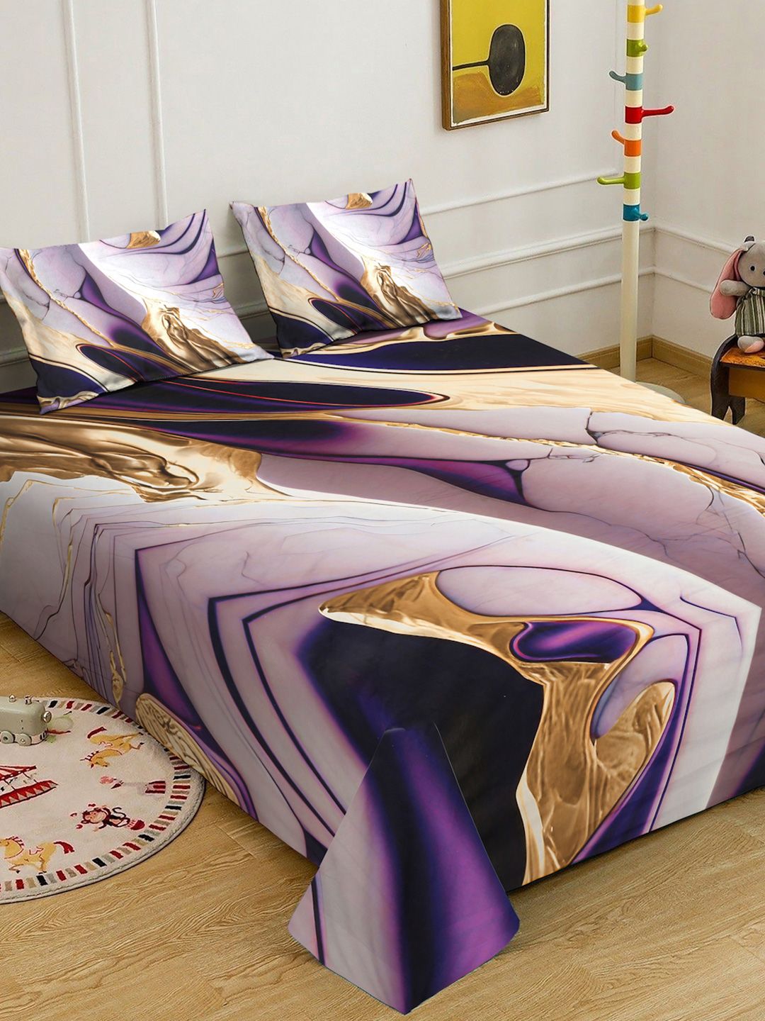 KLOTTHE Purple Abstract Printed Flat 300 TC King Bedsheet With 2 Pillow Cover