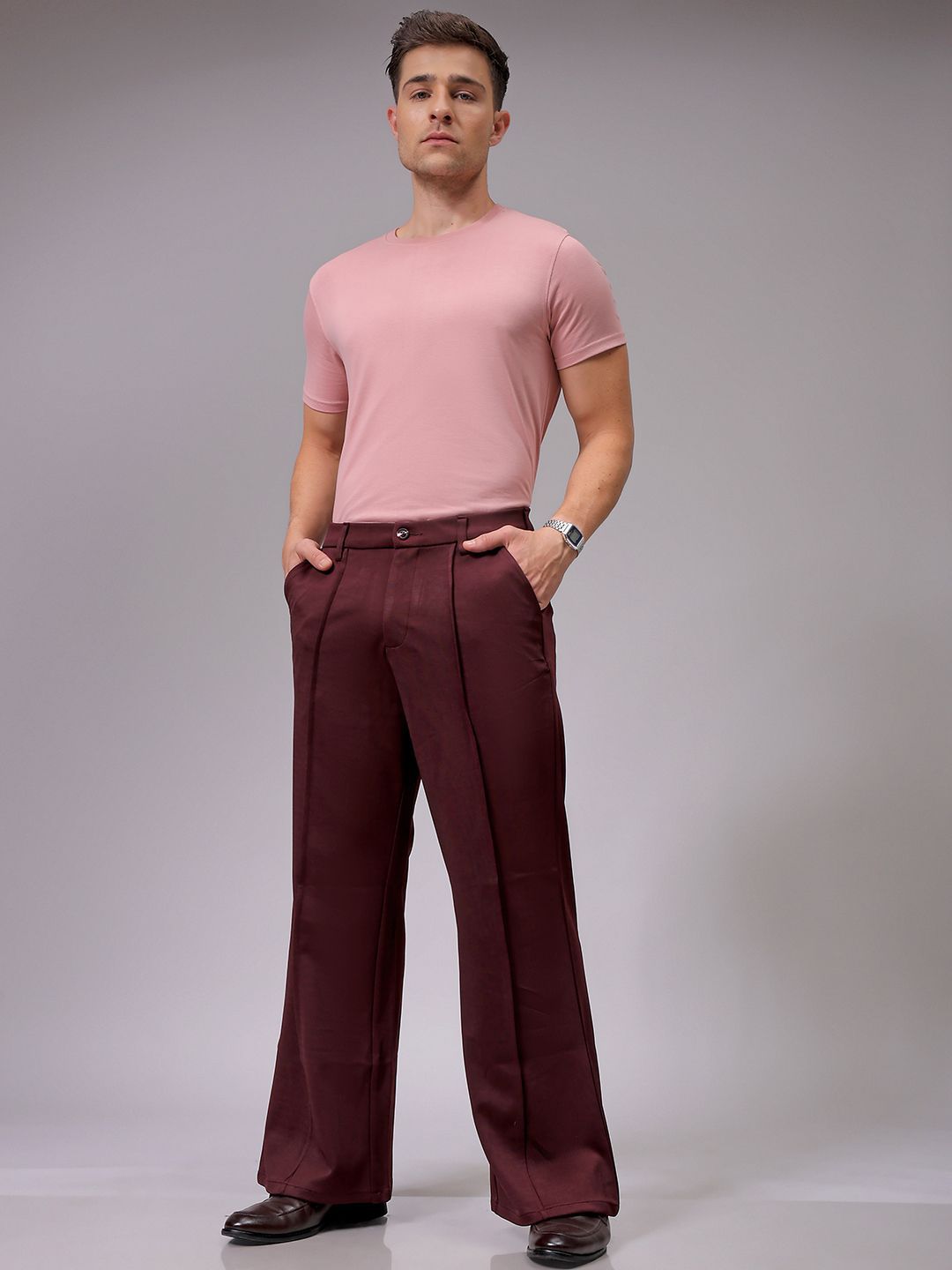 The Indian Garage Co Men Flared Mid-Rise Pleated Wide Leg Trousers