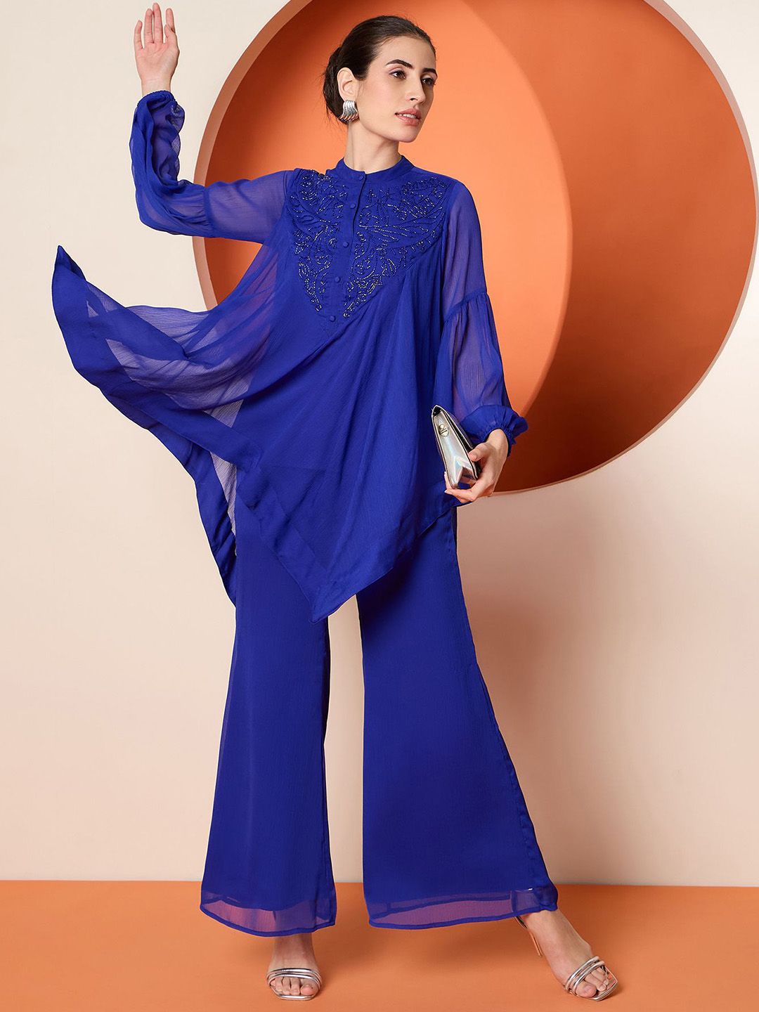 Antheaa Blue Embellished Band Collar Top With Palazzo