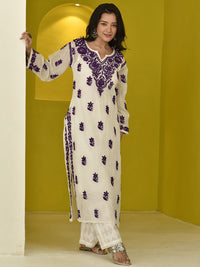 Rumah Wanita Chikankari Purple Kota Chikankari Sulam Kurta