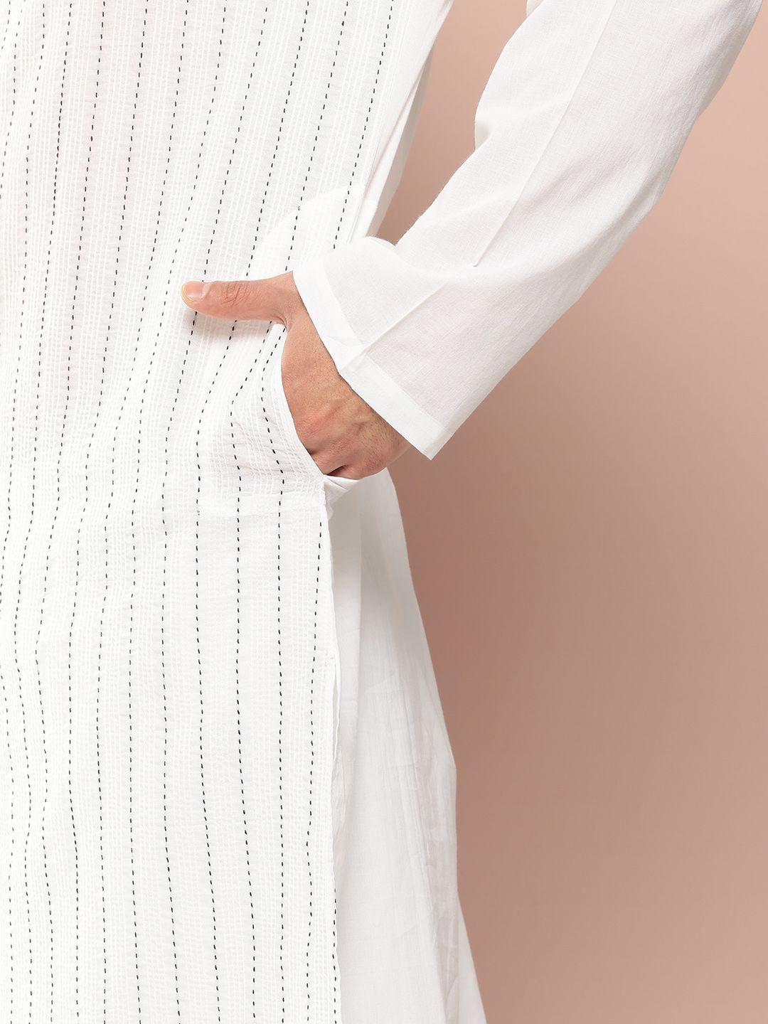 See Designs Mandarin Collar Striped Embroidered Kantha Work Pure Cotton Straight Kurta