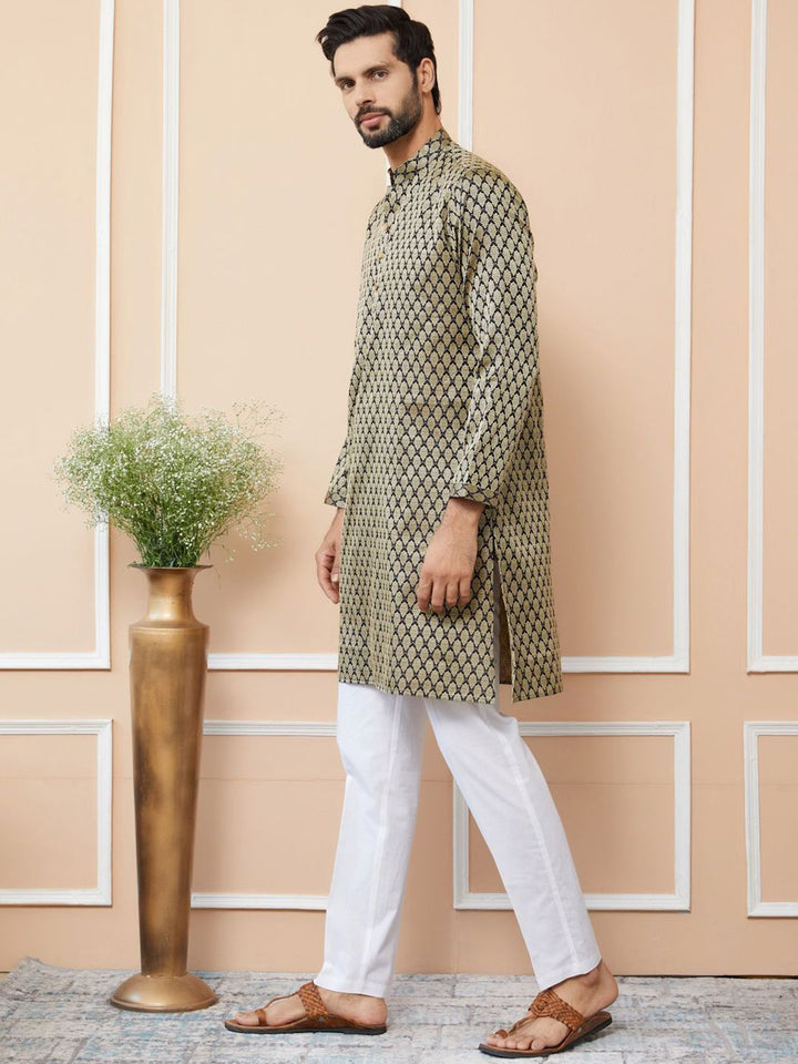 See Designs Ethnic Motifs Printed Mandarin Collar Jacquard Silk Straight Kurta