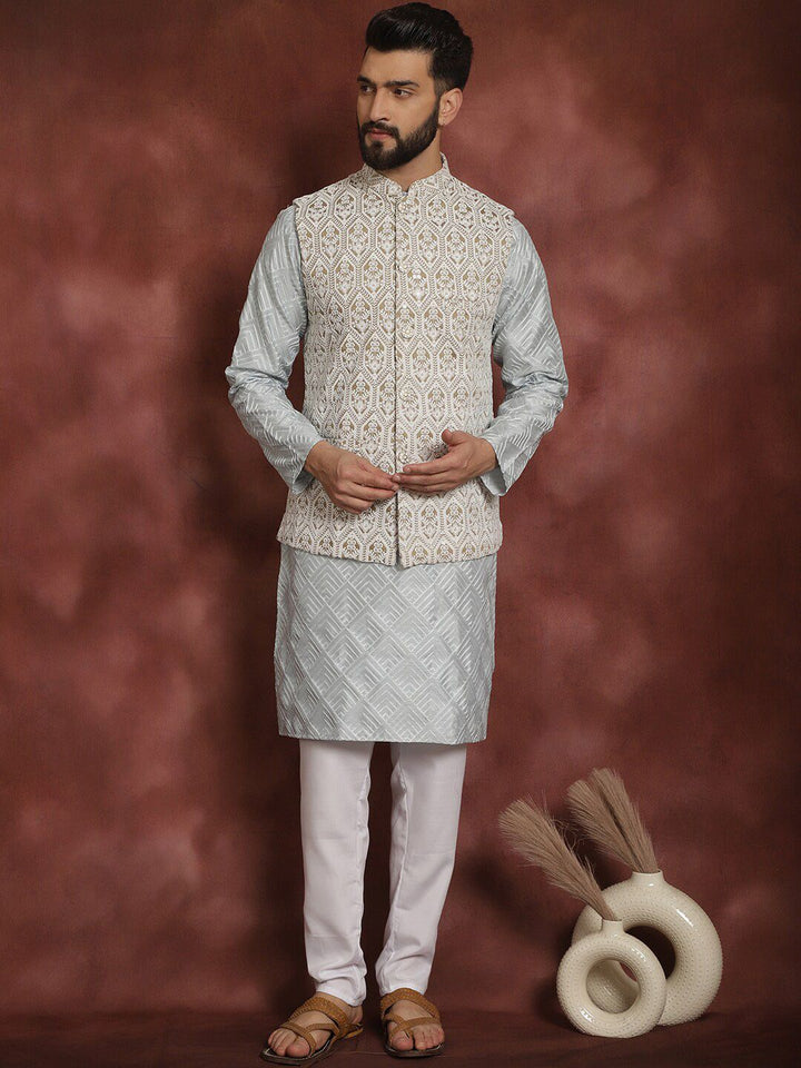 Anouk Embroidered Regular Thread Work Kurta With Churidar & Nehru Jacket
