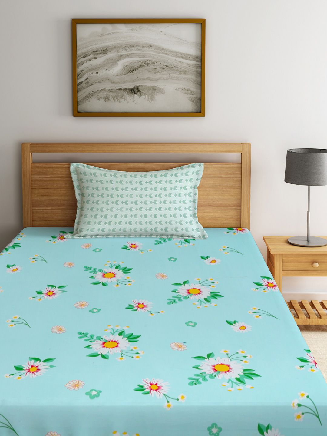 Myntra Elegant Homes Blue & White Floral Printed 300 TC Single Bedsheet Set