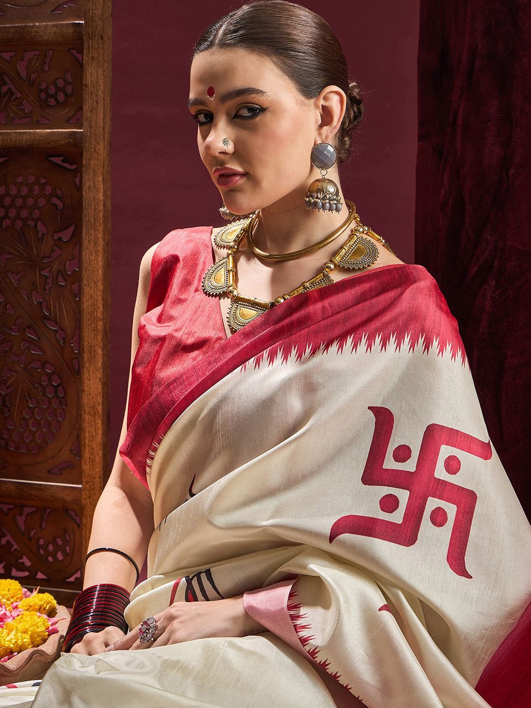 Saree mall Durga Puja Ethnic Motifs Silk Blend Garad Sarees