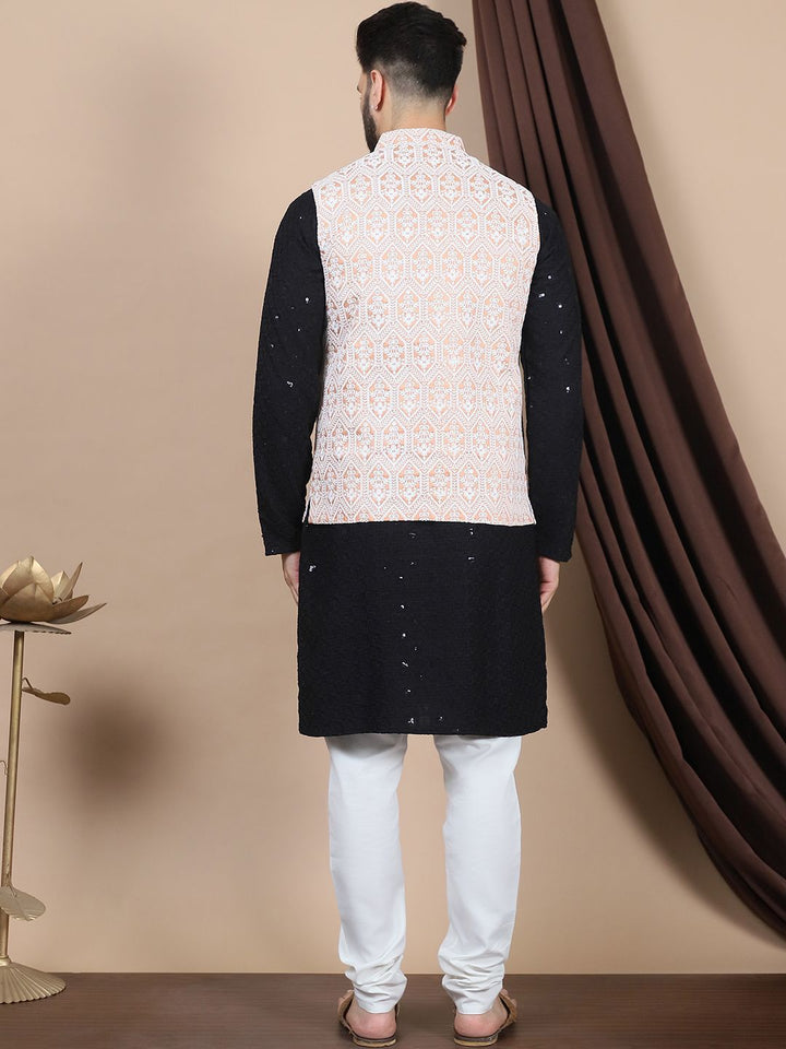 Anouk Black Floral Embroidered Pure Cotton Straight Kurta & Churidar & Nehru Jacket