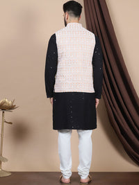 Anouk Black Floral Embroidered Pure Cotton Straight Kurta & Churidar & Nehru Jacket