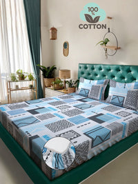 Myntra Elegant Homes Blue & White Geometric 400 TC King Bedsheet with 2 Pillow Covers