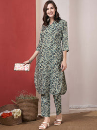 Anouk Floral Printed Shirt Collar Kurta With Trouser