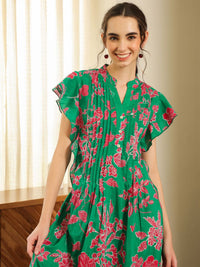 SANSKRUTIHOMES Women Green Cotton Printed V Neck Dress