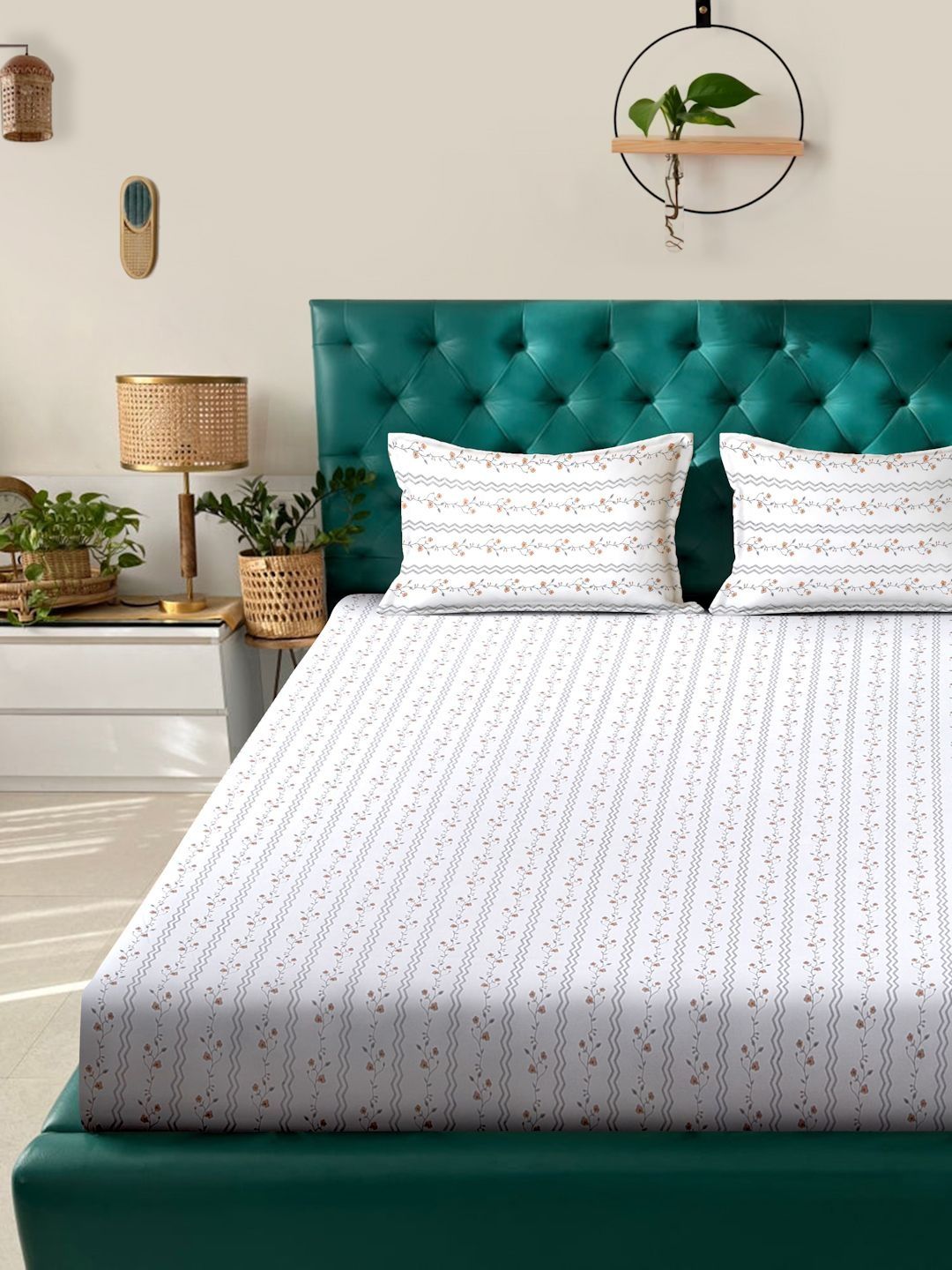 Myntra Elegant Homes White Floral 400 TC Bedsheet with 2 Pillow Covers