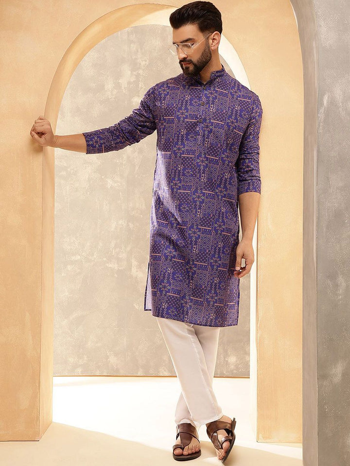 SOJANYA Motif Etnik Printed Band Collar Cotton Linen Kurta Lurus