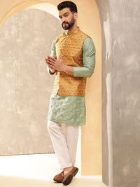 Anouk Olive Geometric Embroidered Straight Kurta With Pyjamas And Nehru Jacket