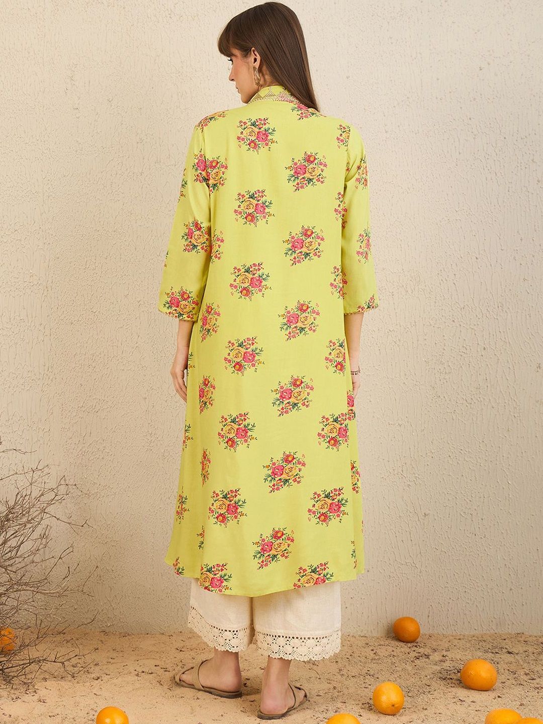 Indo Era Yellow Floral Embroidered V-Neck Zari Panelled A-Line Kurta