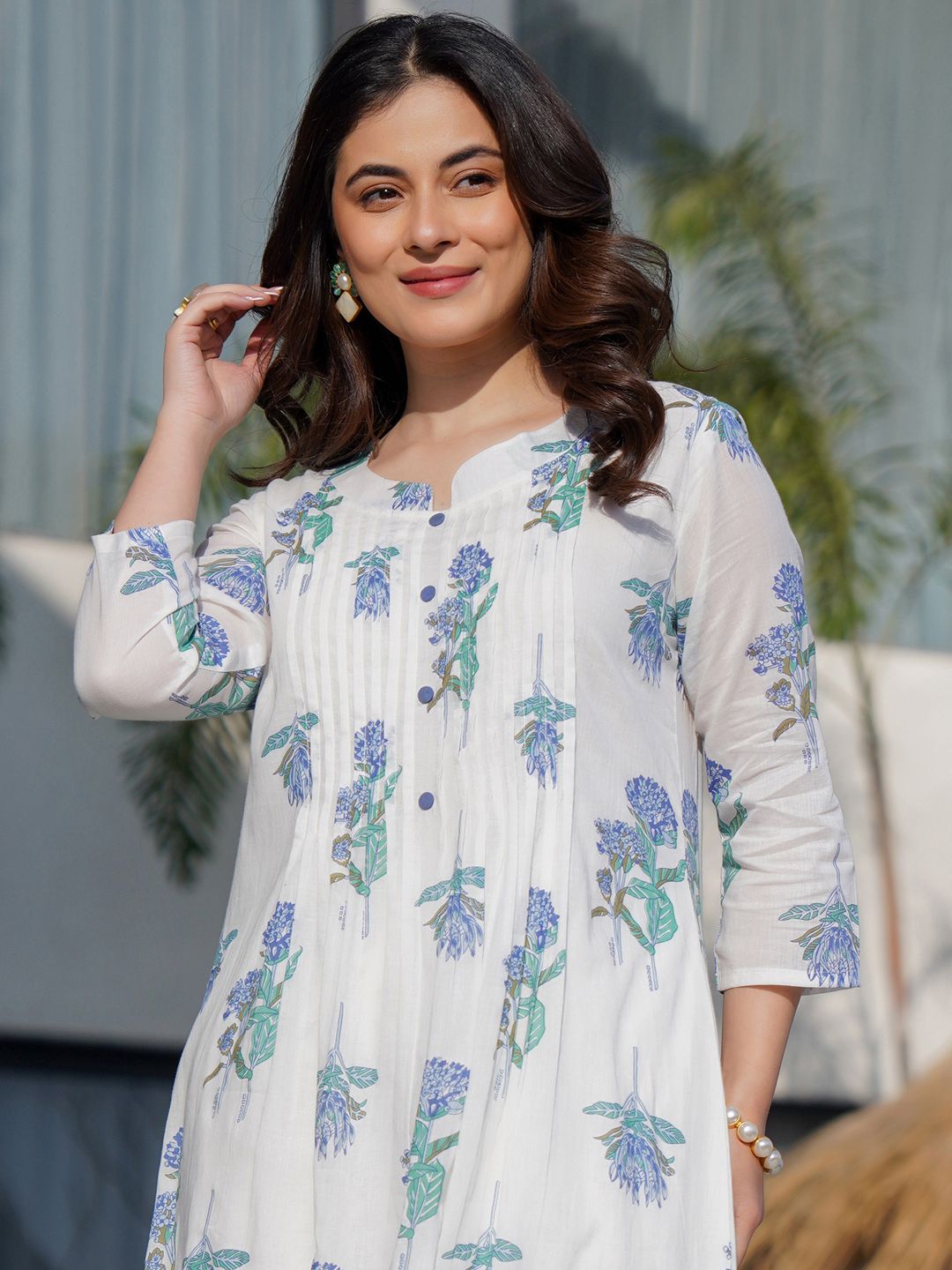 Indo Era Floral Printed Round Neck Panelled A-Line Pure Cotton Kurta With Trousers