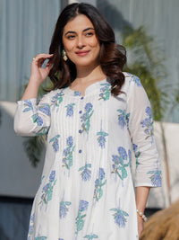 Indo Era Floral Printed Round Neck Panelled A-Line Pure Cotton Kurta With Trousers