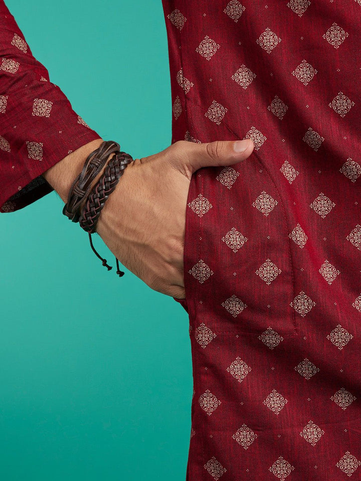 Diwas oleh Manyavar Ethnic Motifs dicetak leher kolar mandarin biasa Kurta kapas tulen