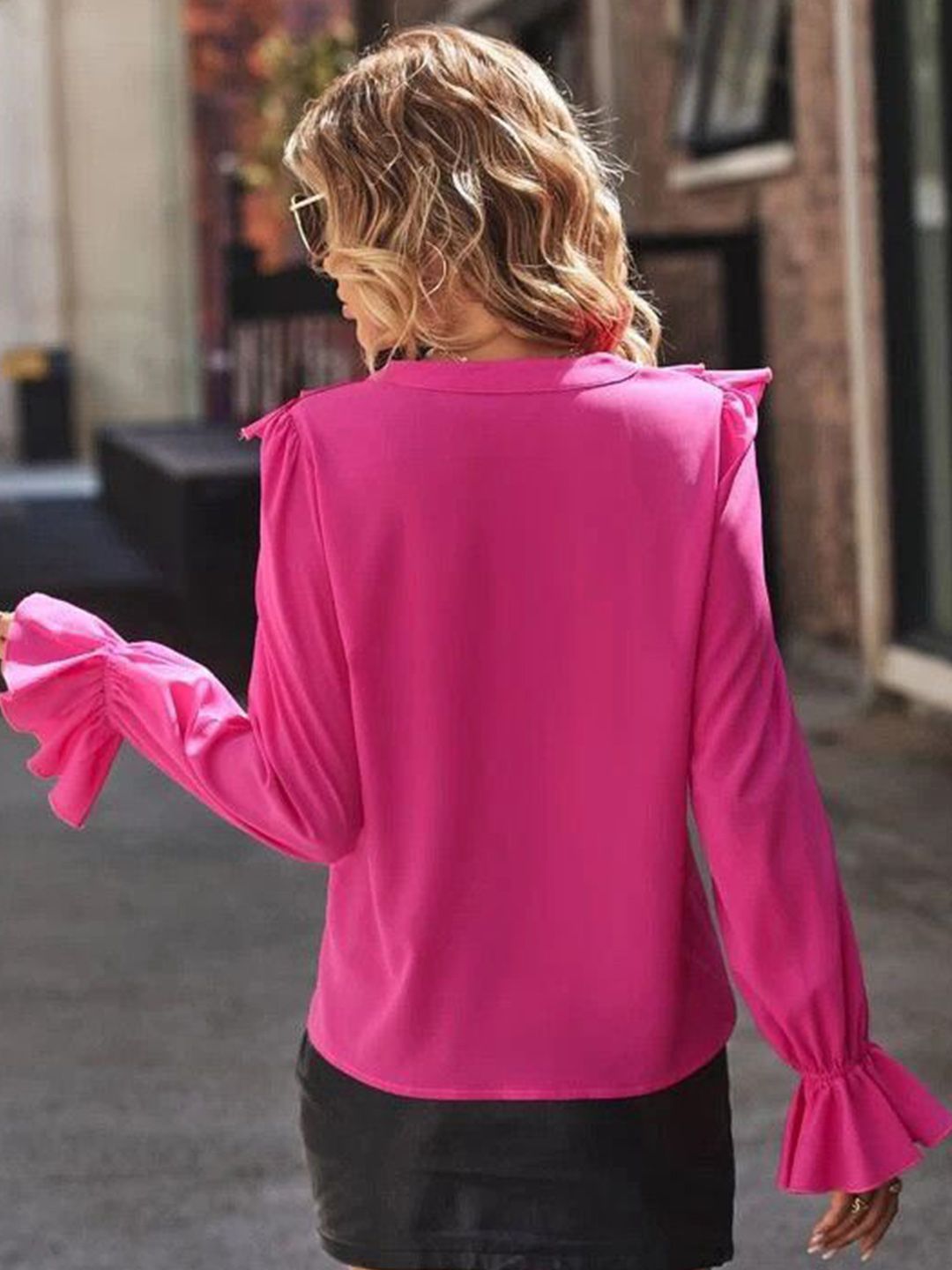 all about you Styled Women Solid Ruffles Bell sleeves Top