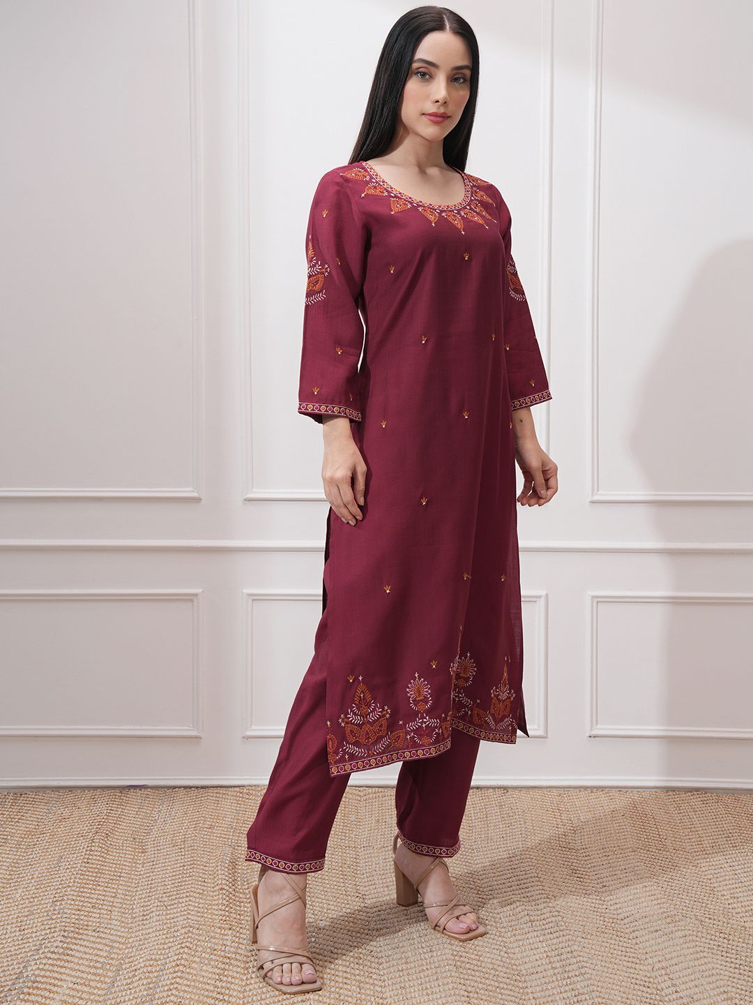 Vishudh Women Ethnic Motifs Embroidered Regular Kurta with Trousers & With Dupatta