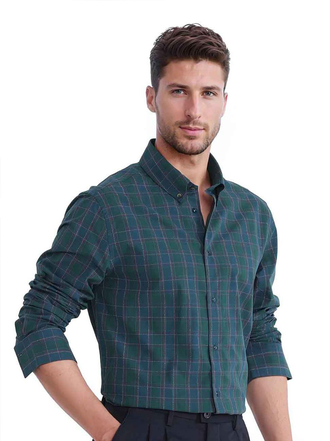 RARE RABBIT Men Comfort Button-Down Collar Checked Cotton Casual Shirt