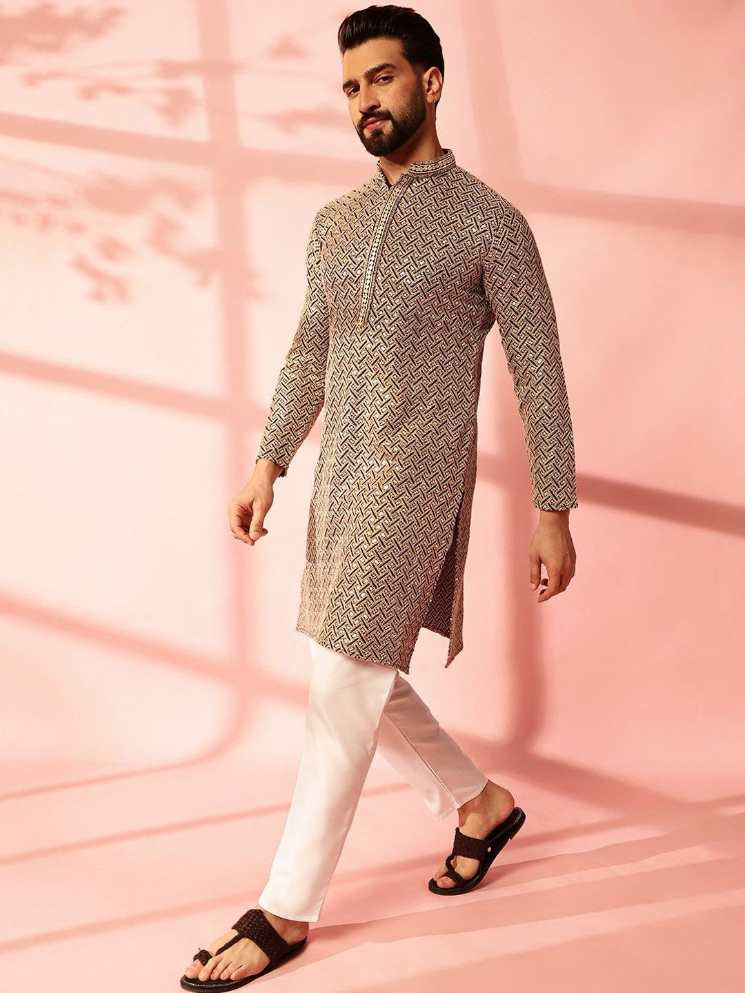 Anouk Geometric Embellished Sequinned Cotton Straight Kurta