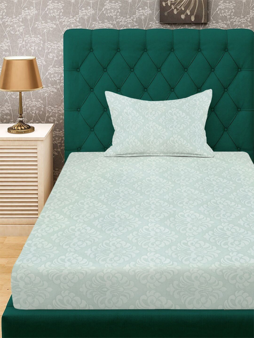 KLOTTHE Green Floral Printed 300 TC Single Bedsheets With 1 Pillow Covers