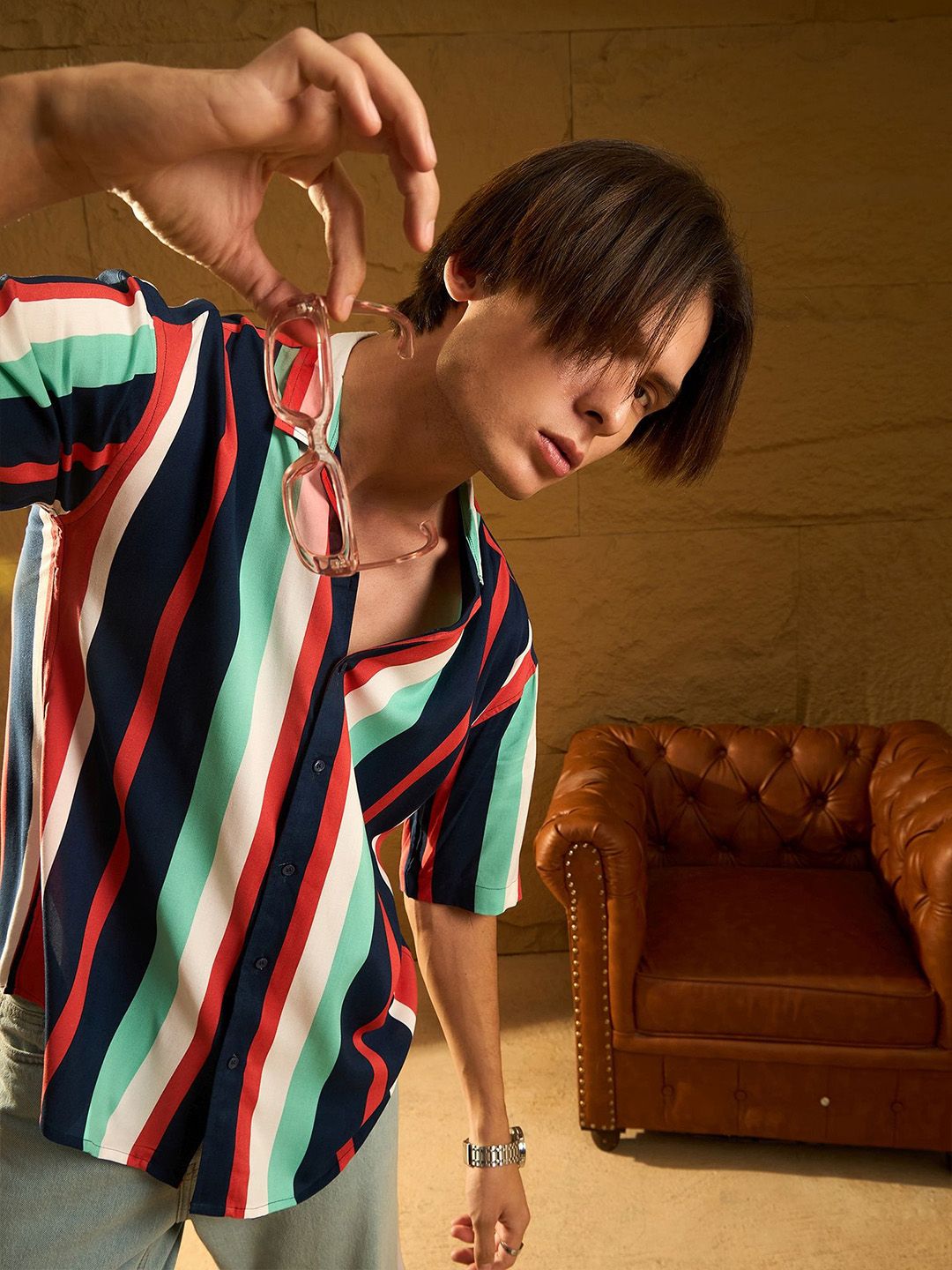 DENNISON Men Relaxed Cuban Collar Vertical Striped Oversized Casual Shirt