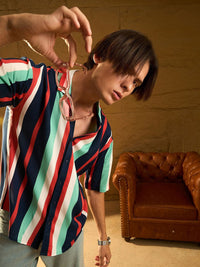 DENNISON Men Relaxed Cuban Collar Vertical Striped Oversized Casual Shirt