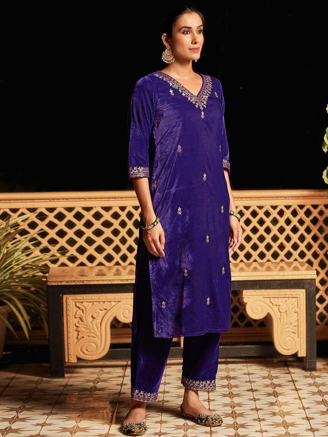 KALINI Ethnic Motifs Embroidered Sequinned Velvet Kurta with Trousers & Dupatta