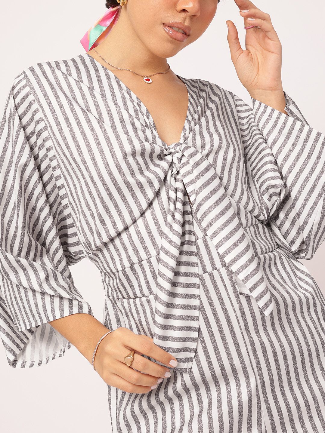 DressBerry Seamlessy Stylish Flared Sleeves Tie-Up Striped Playsuit